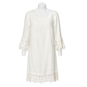 Haris Cotton Eva Capsule Linen Dress Size L White Lace Trim Bell Sleeve Greece